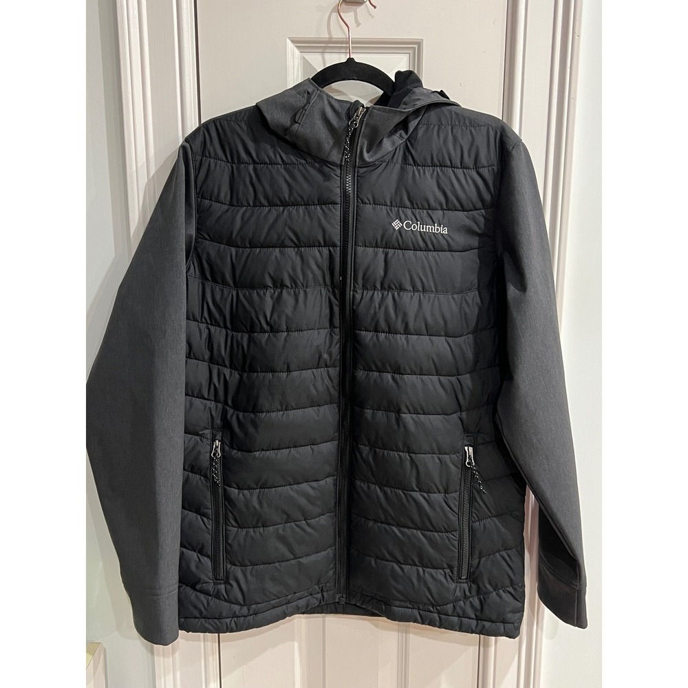 Columbia Thermal Coil Hooded Puffer Jacket Black Grey Hybrid Full Zip Womens S